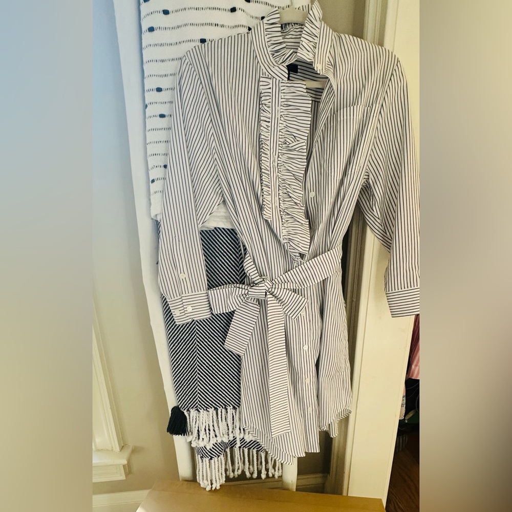 Burberry Pinstipe dress with chic ruffled neckline!